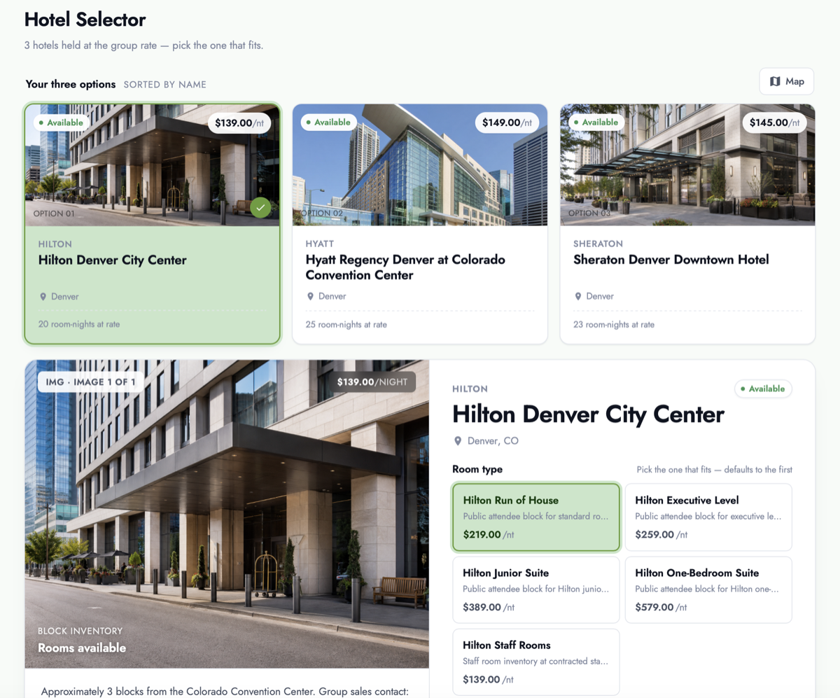 Jade hotel selector — attendee housing booking