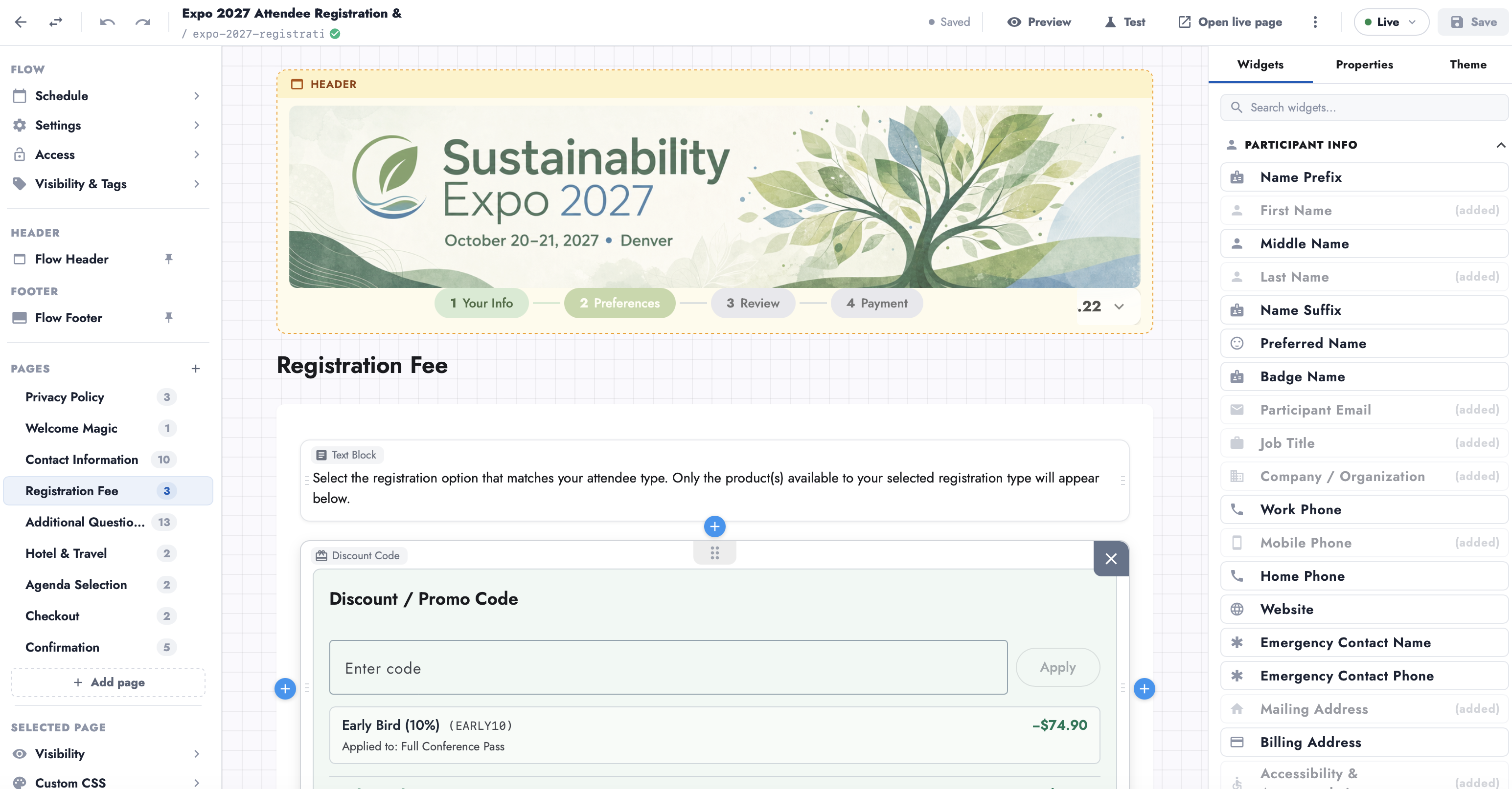 Sustainability Expo 2027 registration fee flow builder